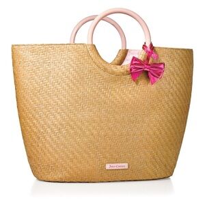 Juicy Couture Pink-Handle Straw Tote Bag with Fuchsia Bow
